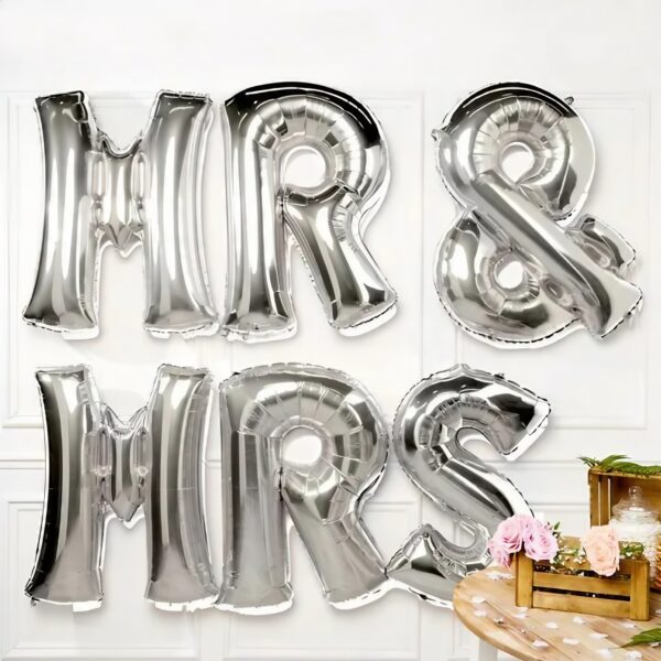 Set Baloane din Folie Metalizata, , Figurine Litere, Model MR&MRS, Tema Nunta, 40 cm, Baloane Party, Ambalaj Individual, Pai inclus, Umflare cu Aer sau Heliu, Argintiu - imagine 2