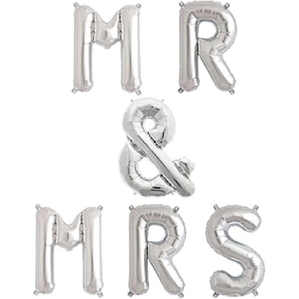 Set Baloane din Folie Metalizata, , Figurine Litere, Model MR&MRS, Tema Nunta, 40 cm, Baloane Party, Ambalaj Individual, Pai inclus, Umflare cu Aer sau Heliu, Argintiu - imagine 3