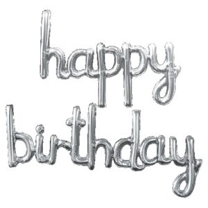 Set Baloane din Folie MetalizatÄƒ, , Model Happy Birthday, 45x85 cm, 45x124cm, Baloane Party, Ambalaj Individual, Pai inclus, Umflare cu Aer sau Heliu, Argintiu