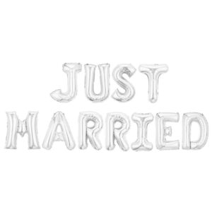 Set Baloane din Folie Metalizata, , Model Just Married, Litere de 40 cm, Baloane Party, Ambalaj Individual, Pai, Ata si Adeziv Incluse, Umflare cu Aer sau Heliu, Argintiu