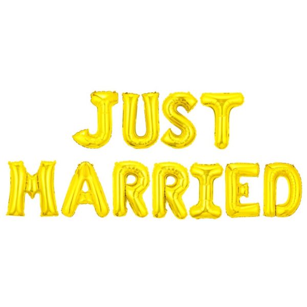 Set Baloane din Folie Metalizata, , Model Just Married, Litere de 40 cm, Baloane Party, Ambalaj Individual, Pai, Ata si Adeziv Incluse, Umflare cu Aer sau Heliu, Auriu