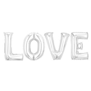 Set 4 Baloane din Folie Metalizata, , Figurine Litere, Model Scris Love, Tema Iubire, 80 cm, Ambalaj Individual, Pai Inclus, Umflare cu Aer sau Heliu, Argintiu