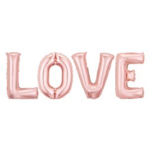 Set 4 Baloane din Folie Metalizata, , Figurine Litere, Model Scris Love, Tema Iubire, 80 cm, Ambalaj Individual, Pai Inclus, Umflare cu Aer sau Heliu, Roz