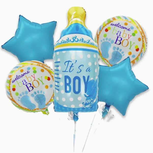 Baloane decorative GENDER REVEAL PARTY, , Figurina Sticluta, Model IT'S A BOY, Set din 5 baloane, 40 x 77 cm, pentru Botez, Albastru