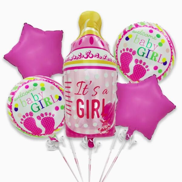 Baloane decorative GENDER REVEAL PARTY, , Figurina Sticluta, Model IT'S A GIRL, Set din 5 baloane, 40 x 77 cm, pentru Botez, Roz