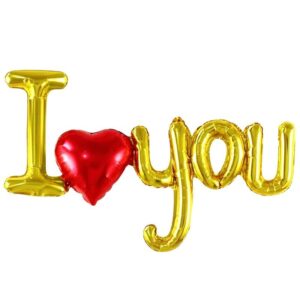 Set Baloane Folie Metalizata, , Model I LOVE YOU cu Inimioara, 54x97 cm, Tematica Ziua ÃŽndrÄƒgostiÈ›ilor, Ambalaj Individual, Pai Inclus, Umflare cu Aer sau Heliu, Auriu