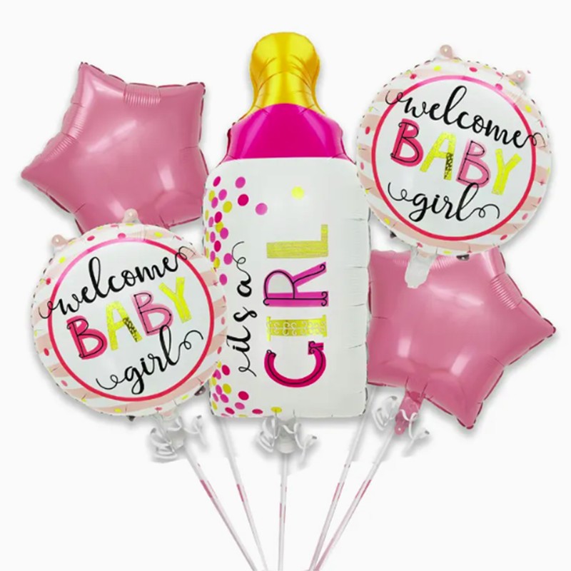 Baloane decorative GENDER REVEAL PARTY, , Figurina Sticla, Model IT'S A GIRL, Set din 5 baloane, 40 x 77 cm, pentru Botez, Roz