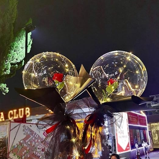 Set Buchet Decorativ, , Trandafir in Balon cu Lumini Led, Diametru 35 cm, 2 x Baterii AA (neincluse), Rosu/Negru - imagine 4