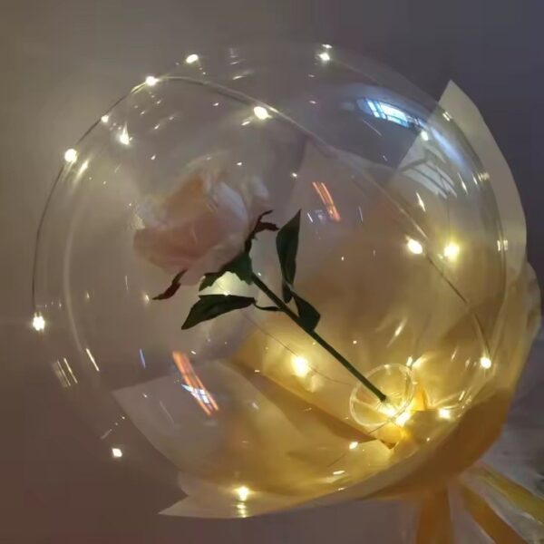Set Buchet Decorativ, , Trandafir in Balon cu Lumini Led, Diametru 35 cm, 2 x Baterii AA (neincluse), Sampanie - imagine 3