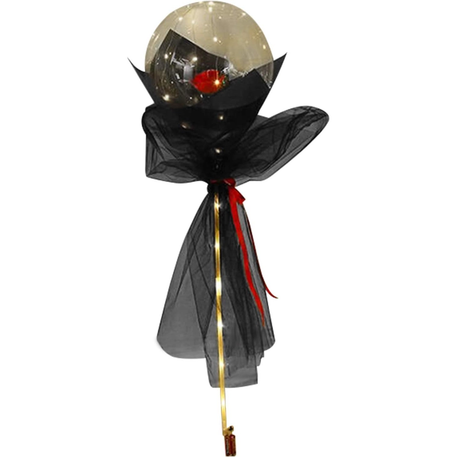 Set Buchet Decorativ, , Trandafir in Balon cu Lumini Led, Diametru 35 cm, 2 x Baterii AA (neincluse), Rosu/Negru
