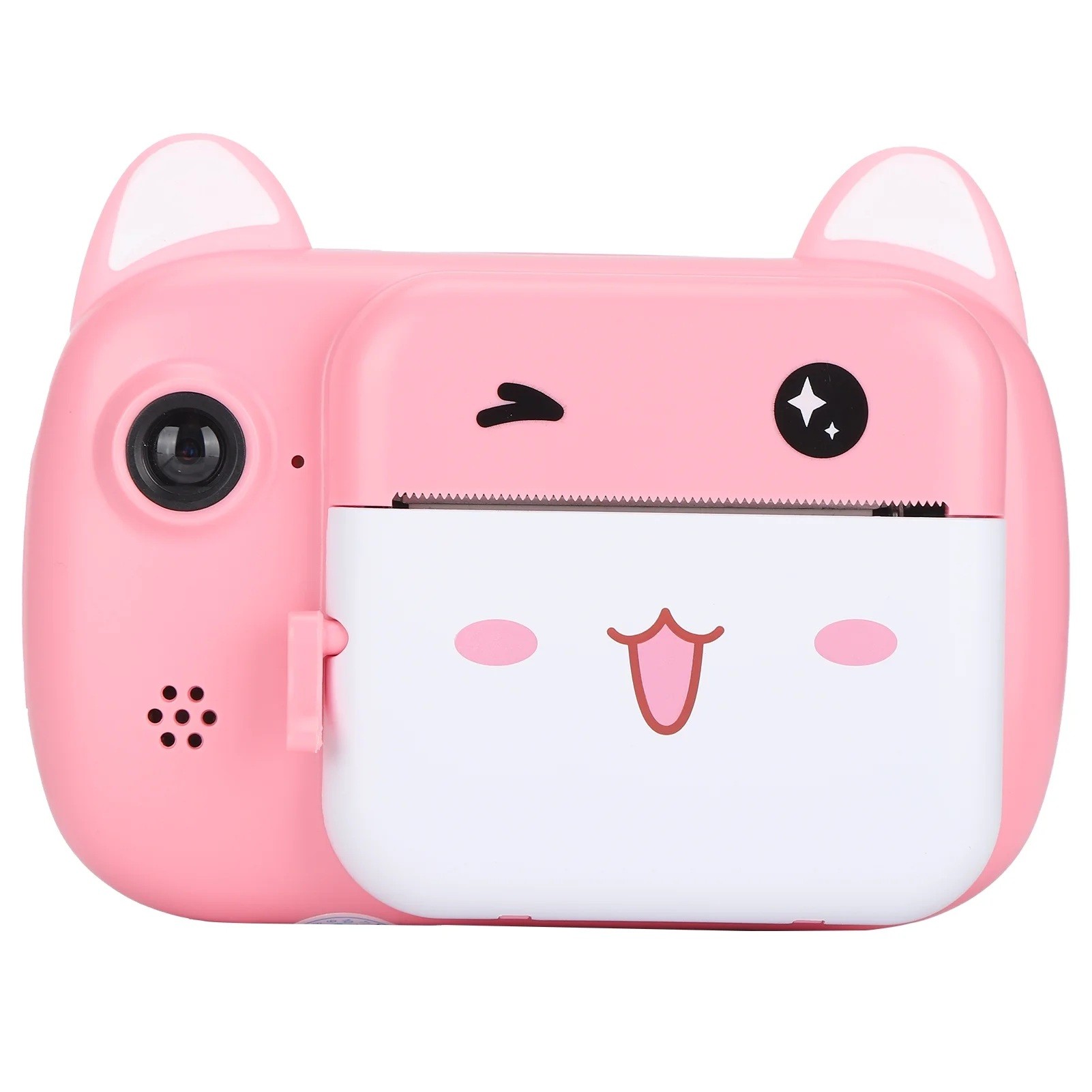 Set Camera Instantanee pentru Copii, , Camera Selfie, Ecran HD 2.4'', 24MP, 1080P Video, 1200 mAh, cu Functie de Printare Alb-Negru, cablu USB-C, Bluetooth, Compatibil iOS/Android, Imprimare APP, Model Pisicia Emoji, Roz
