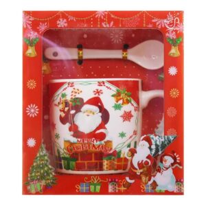 Set cana ceramica cu lingurita , 200 ml, tematica Mos Craciun cu sac de cadouri, multicolor