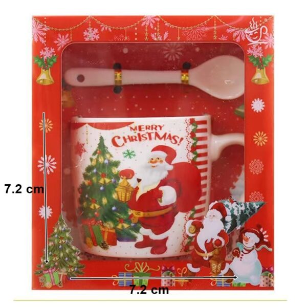 Set cana ceramica cu lingurita , 200 ml, tematica Mos Craciun cu brad, alb - imagine 2