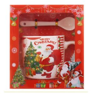 Set cana ceramica cu lingurita , 200 ml, tematica Mos Craciun cu brad, alb