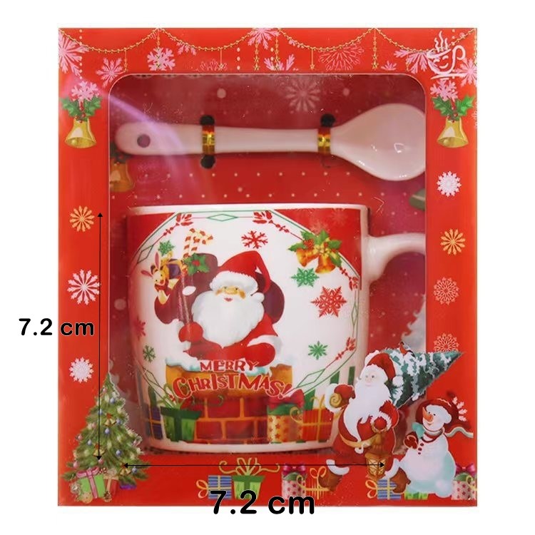 Set cana ceramica cu lingurita , 200 ml, tematica Mos Craciun cu sac de cadouri, multicolor - imagine 2
