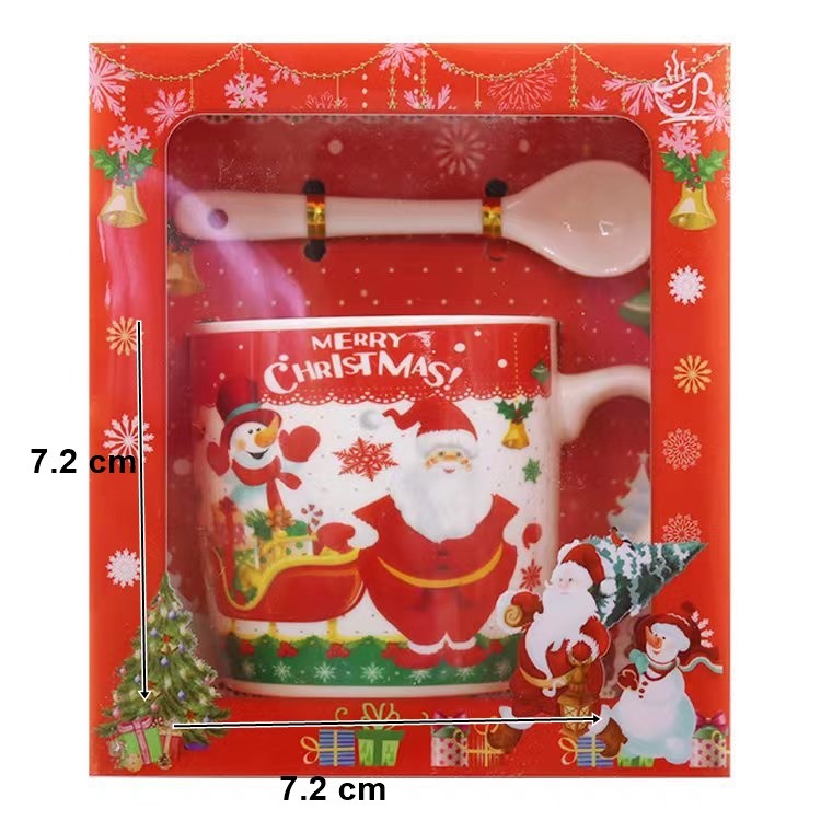 Set cana ceramica cu lingurita , 200 ml, tematica Mos Craciun cu sanie, multicolor - imagine 2