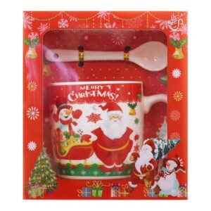 Set cana ceramica cu lingurita , 200 ml, tematica Mos Craciun cu sanie, multicolor