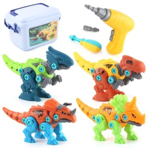 Set de Constructie/Asamblare, , 4 Dinozauri, cu Bormasina Electrica, Baterii 2 x AA, Surubelnita si Cutie Depozitare, 22.5 x 14.5 x 15 cm, Multicolor