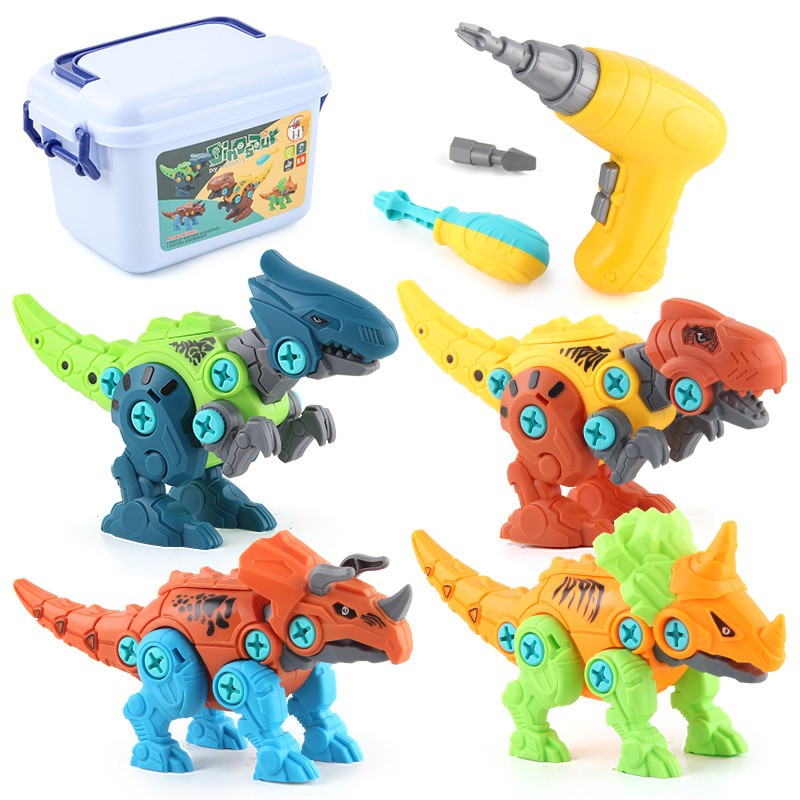 Set de Constructie/Asamblare, , 4 Dinozauri, cu Bormasina Electrica, Baterii 2 x AA, Surubelnita si Cutie Depozitare, 22.5 x 14.5 x 15 cm, Multicolor