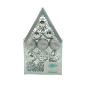 Set de 12 ornamente de brad, , de tip Glob, Argintiu, din plastic, cu finisaj sclipitor , cutie 6 cm adancime x 30 cm inaltime x 18 cm lungime)