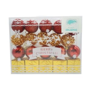 Set de 20 ornamente de brad, , de tip Glob, Rosu/ Auriu, din polistiren, cu finisaj sclipitor , cutie 6 cm adancime x 29 cm lungime x 24 cm inaltime