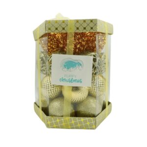 Set de 28 ornamente de brad, , de tip Glob, Cupru/ Auriu, din polistiren, cu finisaj sclipitor , cutie 18 cm adancime x 22 cm inaltime x 18 cm lungime)