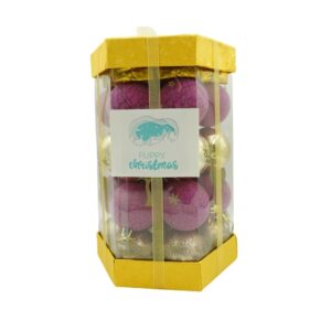 Set de 35 ornamente de brad, , de tip Glob, Auriu/ Mov, din polistiren, cu finisaj sclipitor , cutie 14 cm adancime x 23 cm inaltime x 14 cm lungime)