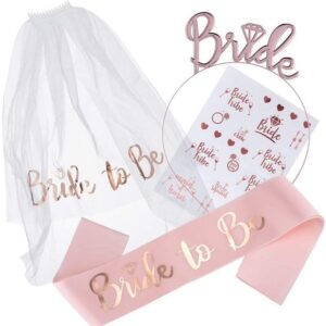 Set de Accesorii pentru Mireasa, , Coronita, Panglica, Stickere, Voal, Model Bride To Be, Tematica Nunta, Alb-Roz