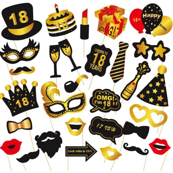 Set Accesorii pentru Petrecere, , Props pentru Coltul de Poze, pentru Majorat, Aniversare 18 Ani, Ochelari, Palarii, Mustata, Cravata, pentru Evenimente, Multicolor