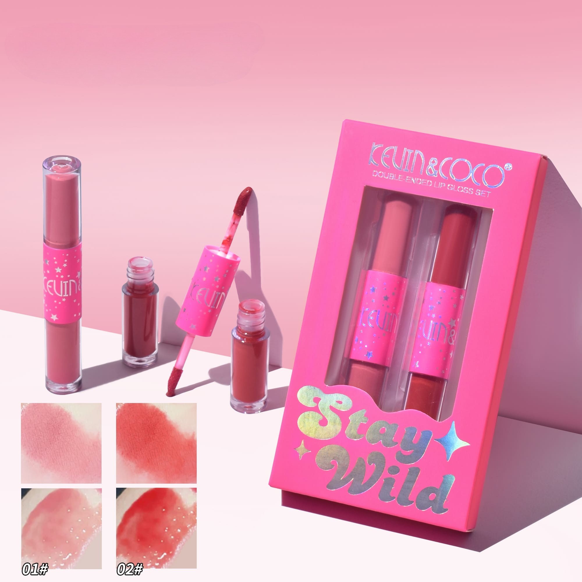 Set de Buze, KEVIN & COCO, Stay Wild 4 Culori, 2 Gloss-uri si 2 Rujuri Mate, 15.1 x 8.1 x 2cm, Roz/Rosu - imagine 4