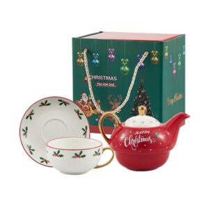 Set de Ceai, , Tema Craciun, Ceainic 420 ml, Cana 310 ml, Farfurie, din Portelan, Model Happy Christmas, Rosu