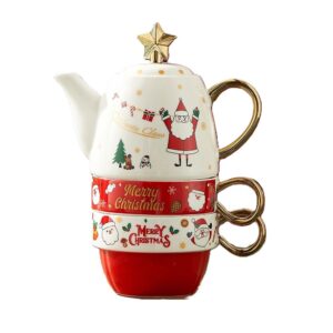 Set de Ceai, , Tema Craciun, Ceainic 450 ml, 2 x Cani 250 ml, din Ceramica, Model Mos Craciun/Santa Claus, Alb/Rosu