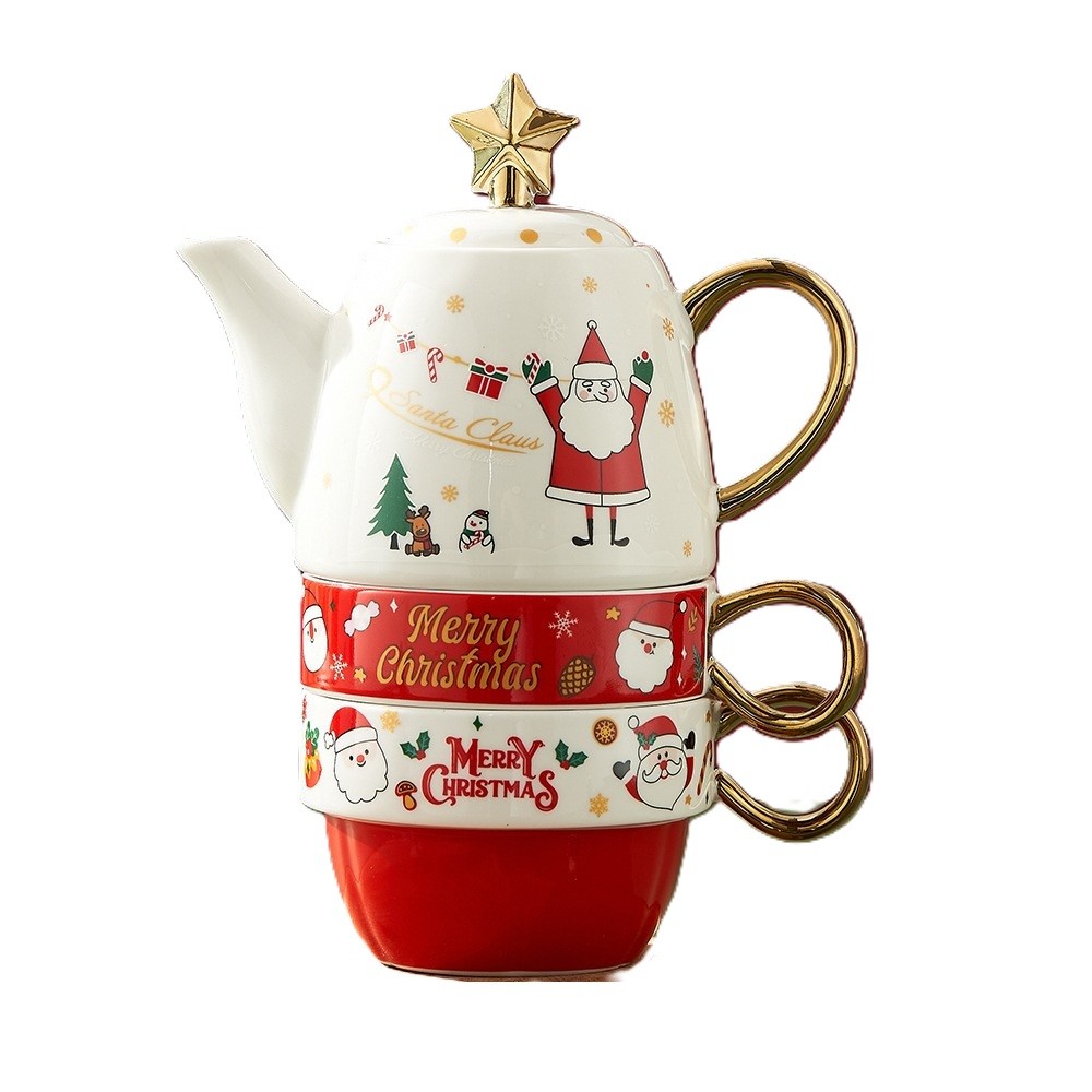 Set de Ceai, , Tema Craciun, Ceainic 450 ml, 2 x Cani 250 ml, din Ceramica, Model Mos Craciun/Santa Claus, Alb/Rosu