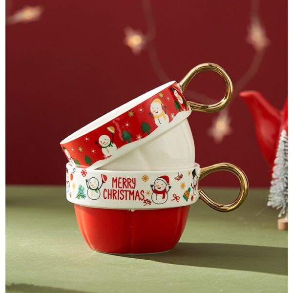 Set de Ceai, , Tema Craciun, Ceainic 450 ml, 2 x Cani 250 ml, din Ceramica, Model Mos Craciun/Santa Claus, Alb/Rosu - imagine 3