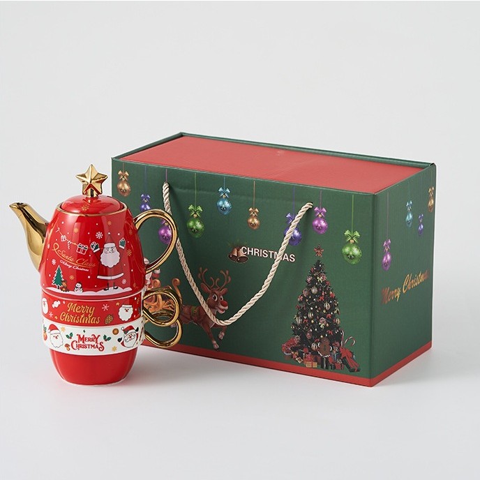 Set de Ceai, , Tema Craciun, Ceainic 450 ml, 2 x Cani 250 ml, din Ceramica, Model Mos Craciun/Santa Claus, Alb/Rosu - imagine 4