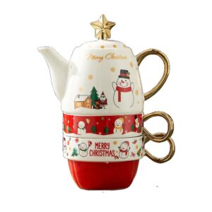 Set de Ceai, , Tema Craciun, Ceainic 450 ml, 2 x Cani 250 ml, din Ceramica, Model Om de Zapada, Alb/Rosu