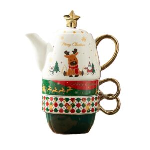 Set de Ceai, , Tema Craciun, Ceainic 450 ml, 2 x Cani 250 ml, din Ceramica, Model Ren Merry Christmas, Alb/Verde