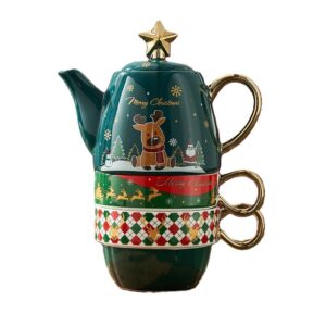 Set de Ceai, , Tema Craciun, Ceainic 450 ml, 2 x Cani 250 ml, din Ceramica, Model Ren, Verde/Turcoaz