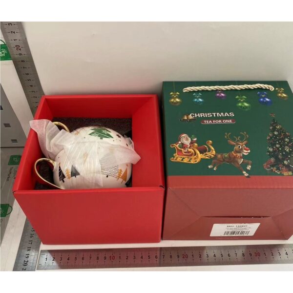 Set de Ceai, , Tema Craciun, Ceainic 420 ml, Cana 310 ml, Farfurie, din Portelan, Model Joy, Alb - imagine 2