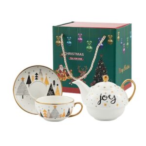 Set de Ceai, , Tema Craciun, Ceainic 420 ml, Cana 310 ml, Farfurie, din Portelan, Model Joy, Alb
