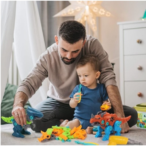 Set de Constructie/Asamblare, , 4 Dinozauri, cu Bormasina Electrica, Baterii 2 x AA, Surubelnita si Cutie Depozitare, 22.5 x 14.5 x 15 cm, Multicolor - imagine 2