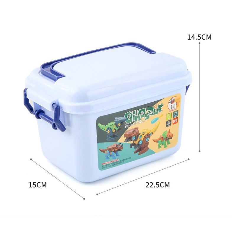 Set de Constructie/Asamblare, , 4 Dinozauri, cu Bormasina Electrica, Baterii 2 x AA, Surubelnita si Cutie Depozitare, 22.5 x 14.5 x 15 cm, Multicolor - imagine 4