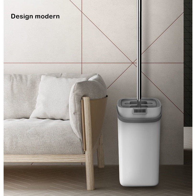 Set de curatenie , mop si galeata, galeata 5.7 l, 4 rezerve microfibra incluse, design modern, pentru interior, material plastic, peri sintetici, plat, cu storcere, alb - imagine 3