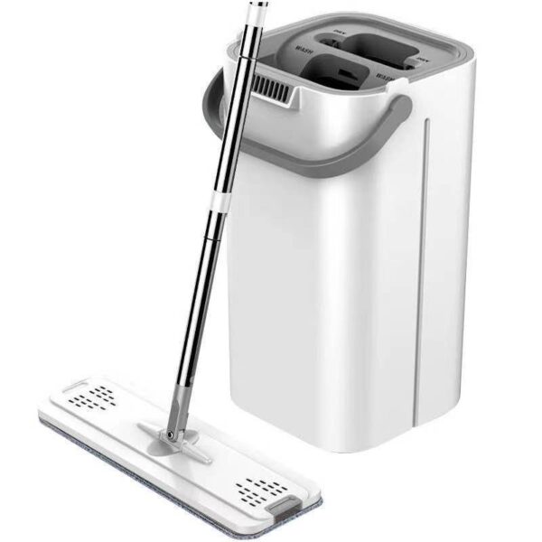 Set de curatenie , mop si galeata, galeata 5.7 l, 4 rezerve microfibra incluse, design modern, pentru interior, material plastic, peri sintetici, plat, cu storcere, alb