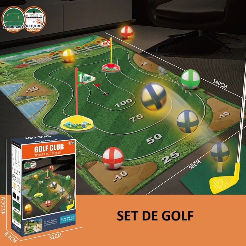 Set de Golf, , Interactiune Parinte-Copil, Covor de Golf, 140 x 98 cm, 4 Mingii cu Scai, 3 Crose Reglabile, Model A, +3 Ani, Multicolor - imagine 2