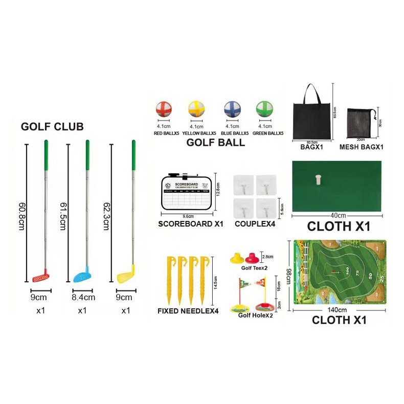 Set de Golf, , Interactiune Parinte-Copil, Covor de Golf, 140 x 98 cm, 4 Mingii cu Scai, 3 Crose Reglabile, Model A, +3 Ani, Multicolor - imagine 3