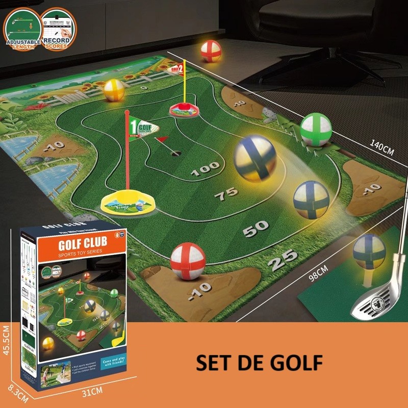 Set de Golf, , Interactiune Parinte-Copil, Covor de Golf, 140 x 98 cm, 4 Mingii cu Scai, 3 Crose Reglabile, Model B, +3 Ani, Multicolor - imagine 2