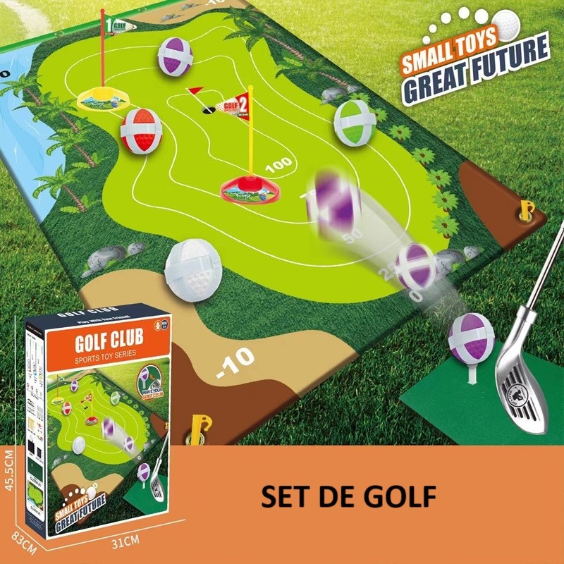 Set de Golf, , Interactiune Parinte-Copil, Covor de Golf, 140 x 98 cm, 4 Mingii cu Scai, 3 Crose Reglabile, Model C, +3 Ani, Multicolor - imagine 2