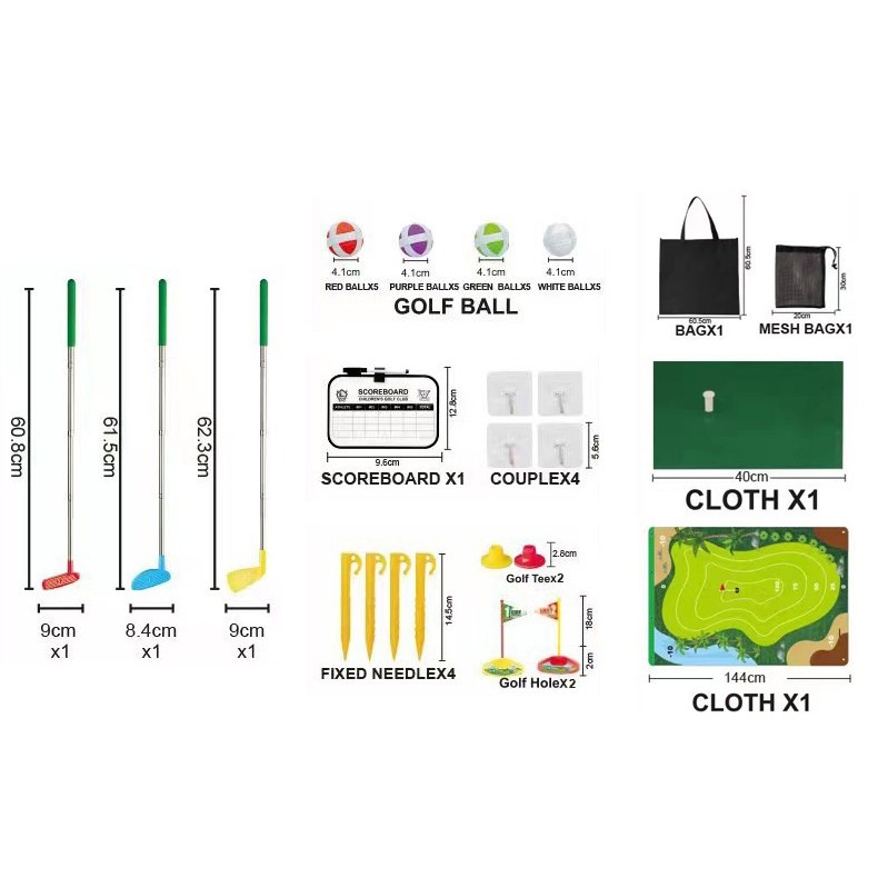 Set de Golf, , Interactiune Parinte-Copil, Covor de Golf, 140 x 98 cm, 4 Mingii cu Scai, 3 Crose Reglabile, Model C, +3 Ani, Multicolor - imagine 3