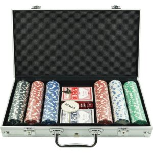 Set de Poker Complex cu 300 de jetoane , Include 2 seturi de carti, 5 zaruri, Echipat cu servieta de aluminiu cu dimensiunile 39x7x27 cm